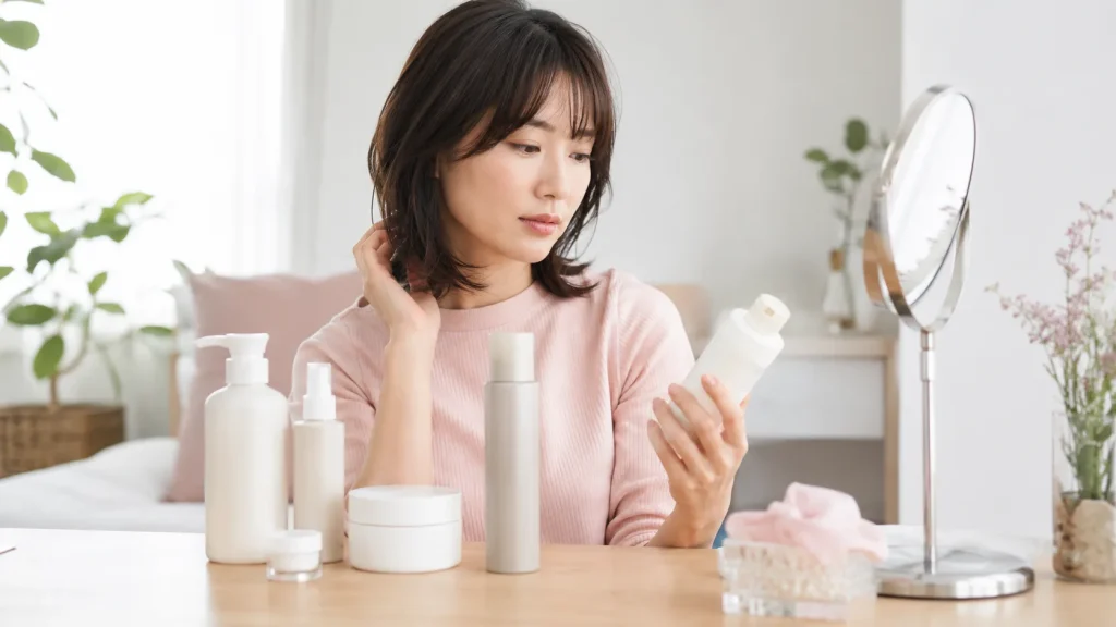 ヘアケアやスタイリング剤を選ぶ女性のイメージ