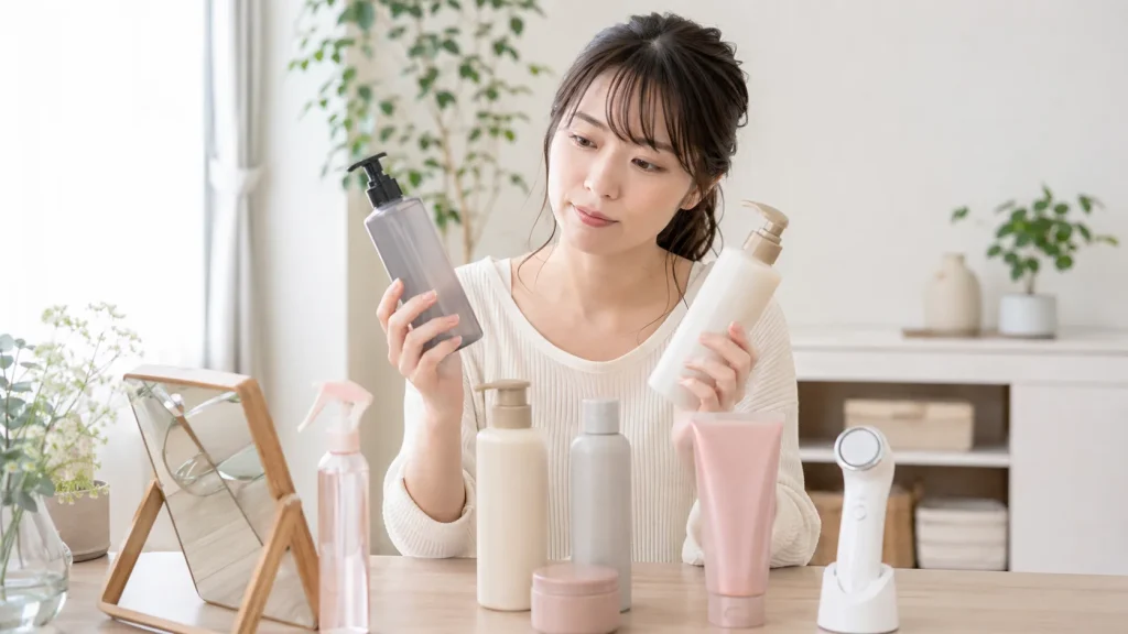 ヘアケアや美容アイテムを選ぶ女性のイメージ