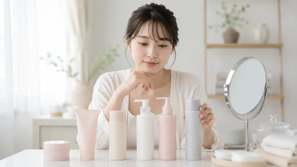 悩み別スキンケアラインを確認する女性のイメージ