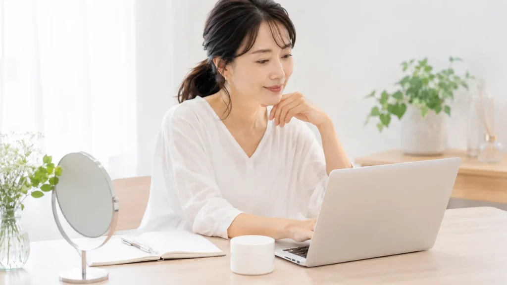公式サイトでCOCOROオールインワンの販売条件を確認する日本人女性のイメージ