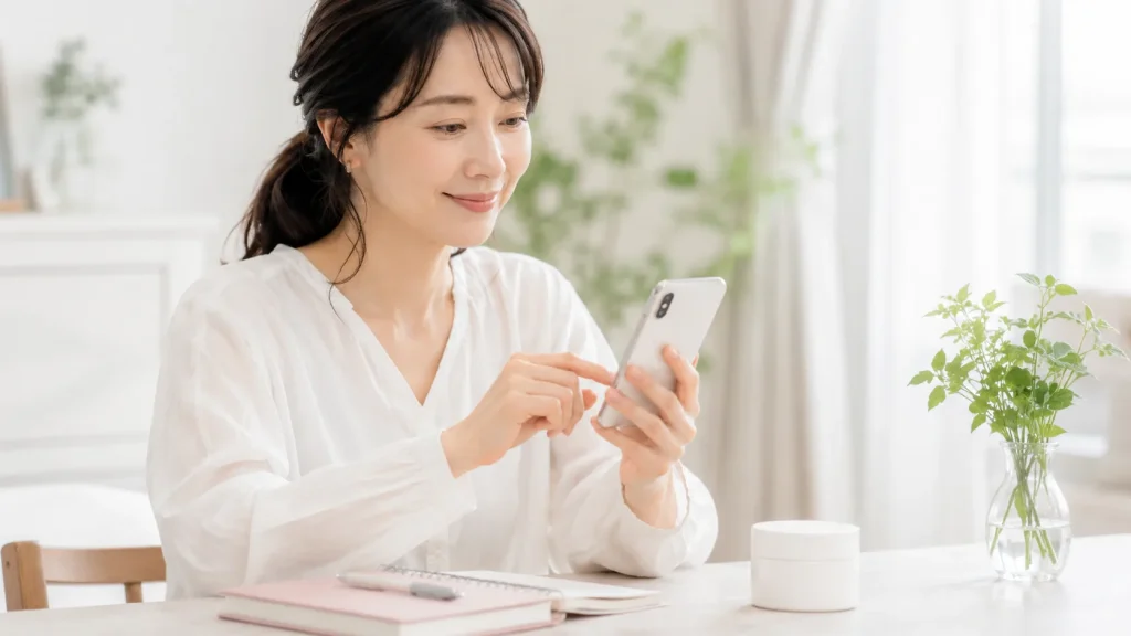 オールインワン系スキンケアの口コミを確認する日本人女性の手元