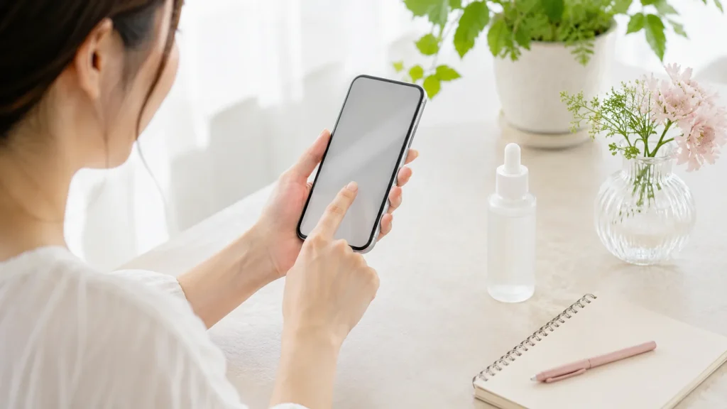 オーガニック系スキンケア商品の口コミを確認する女性の手元