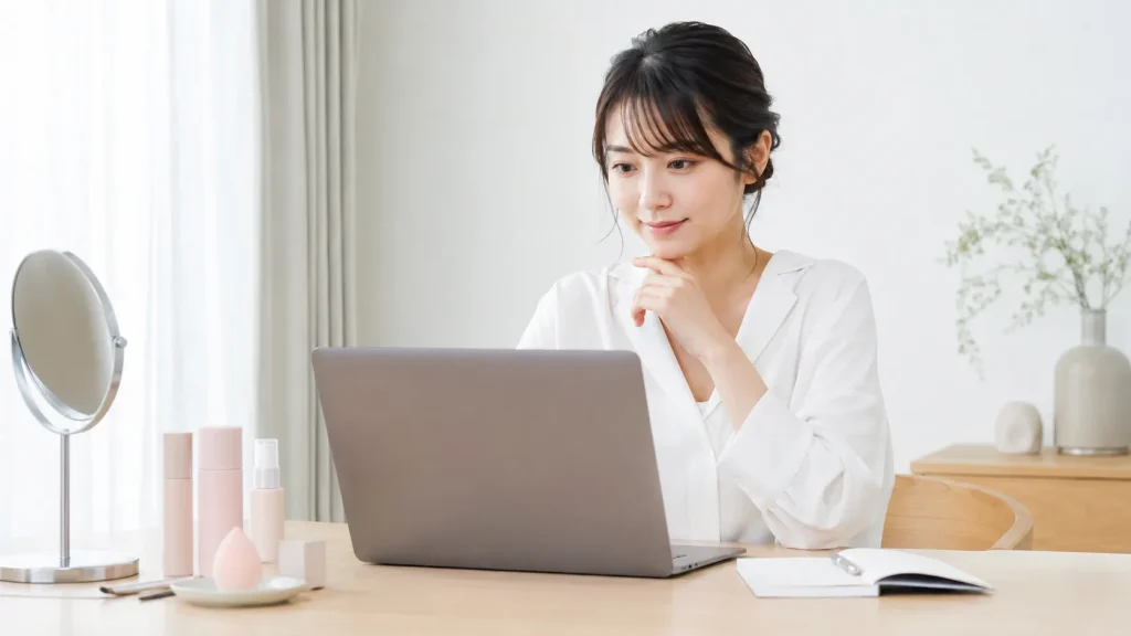 公式サイトでEki スキンベールプライマーの販売条件を確認する日本人女性のイメージ