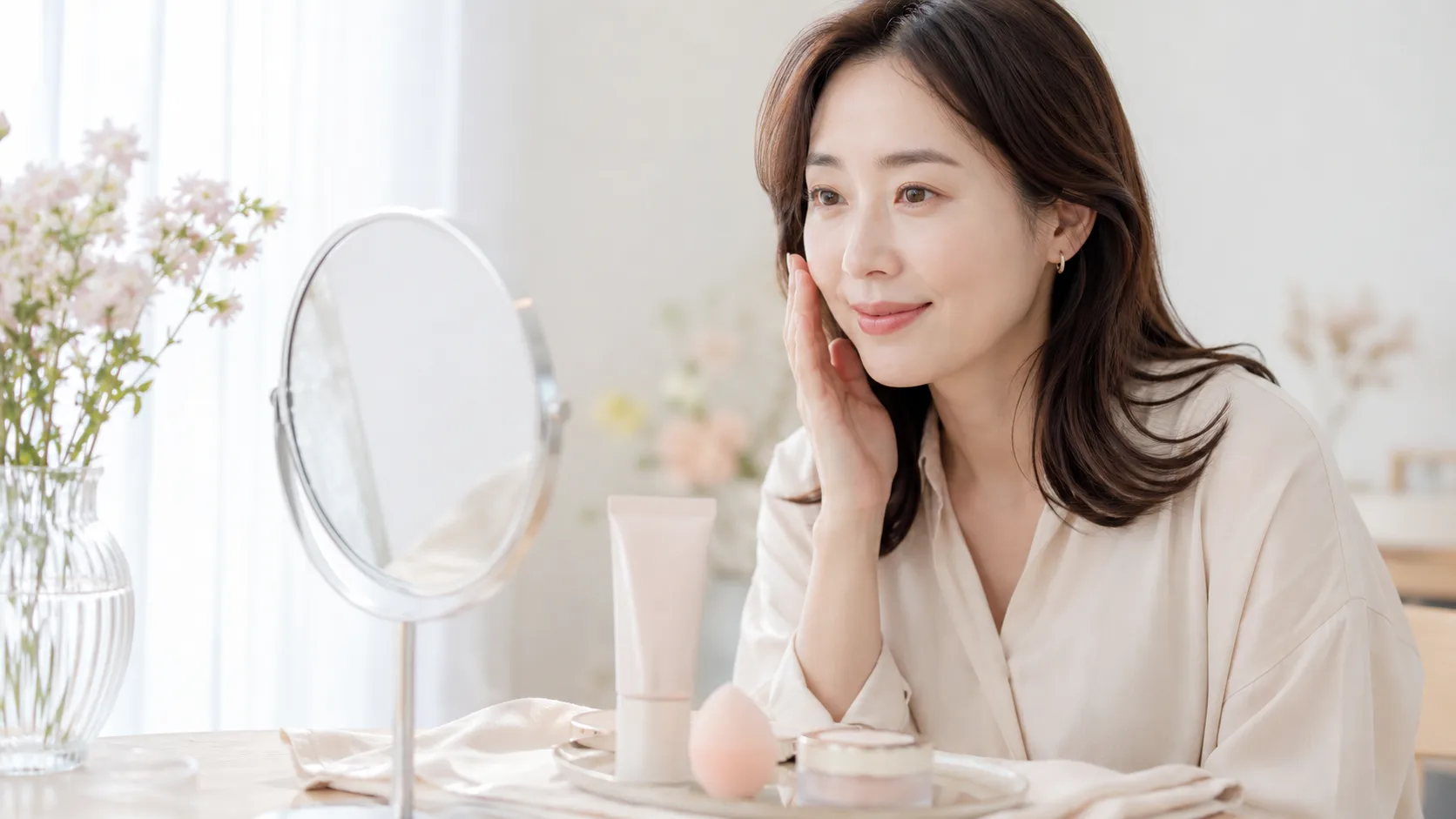 化粧下地の仕上がりを確認する日本人女性のイメージ