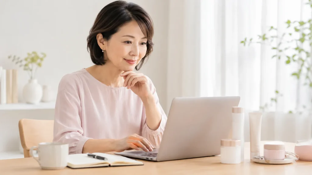 公式サイトでエレクトーレ 2週間トライアルセットの販売条件を確認する日本人女性のイメージ