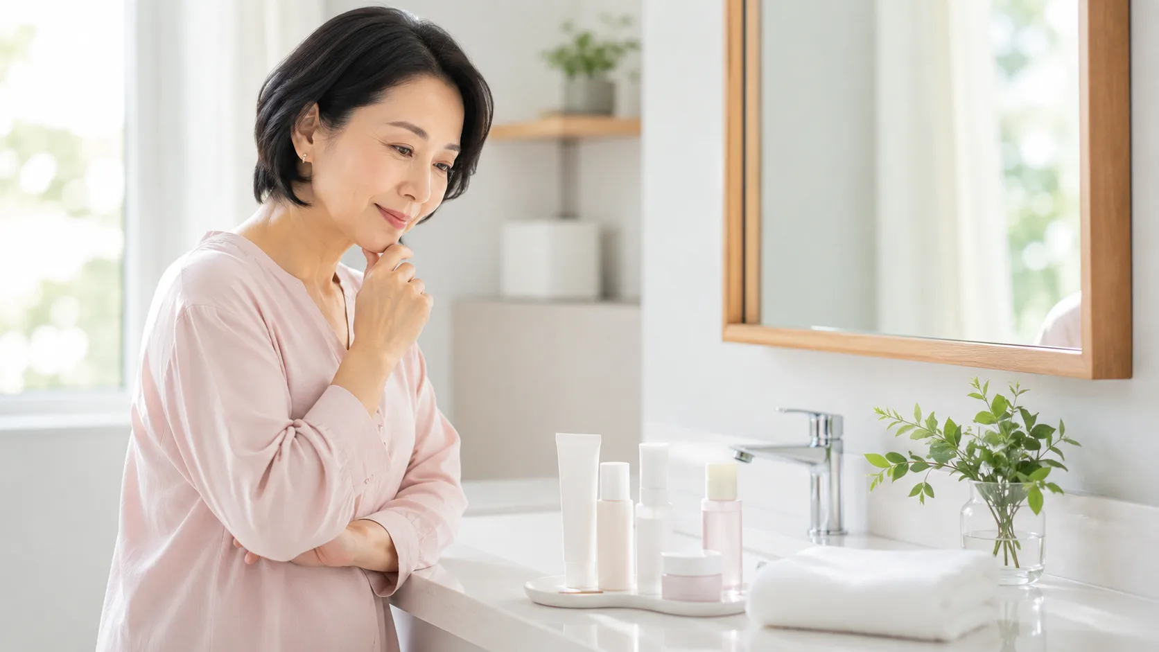 年齢に応じたスキンケアのトライアルセットを検討する日本人女性のイメージ