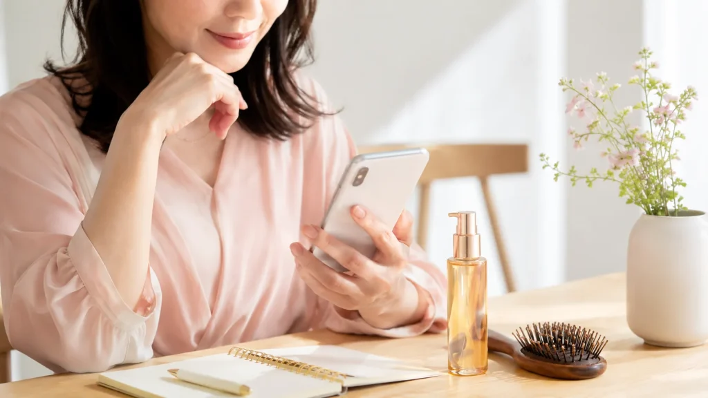 ヘアオイルの口コミを確認する女性の手元