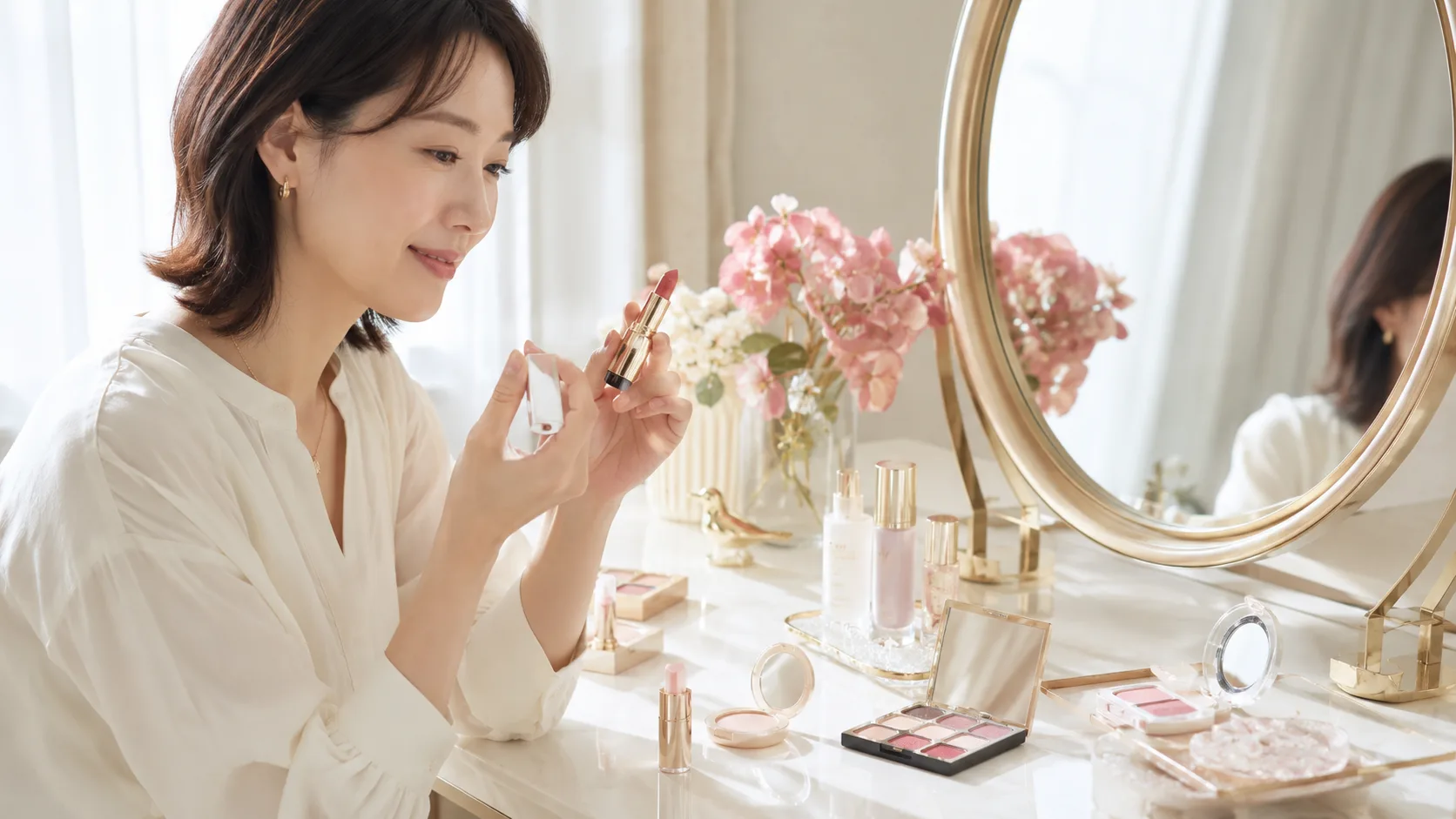 中国コスメや海外コスメを検討する女性向けの上品なメイク用品イメージ