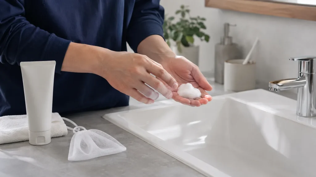メンズ洗顔料の泡立ちや使用感を手元で確認するイメージ