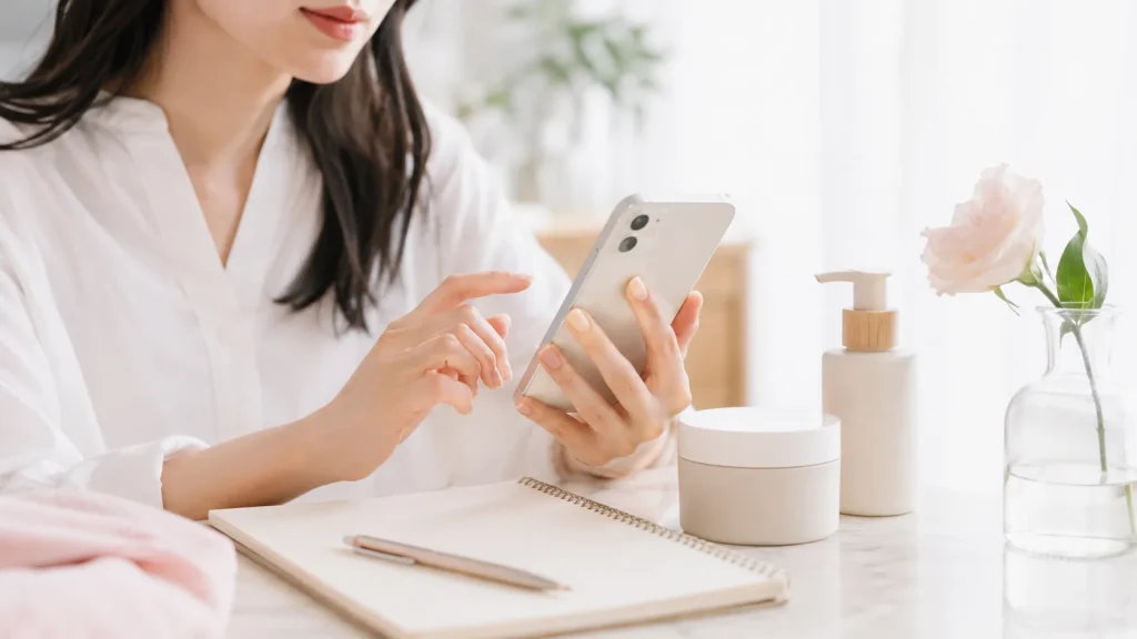 ボディケア商品の口コミを確認する女性の手元