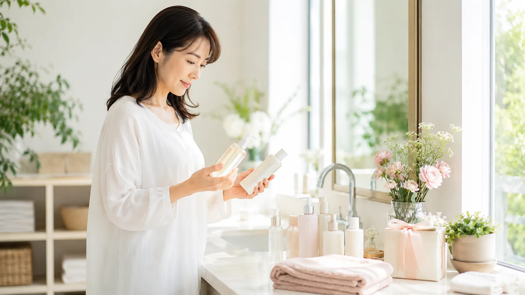 自然派コスメやボディケア商品を検討する女性向けのイメージ