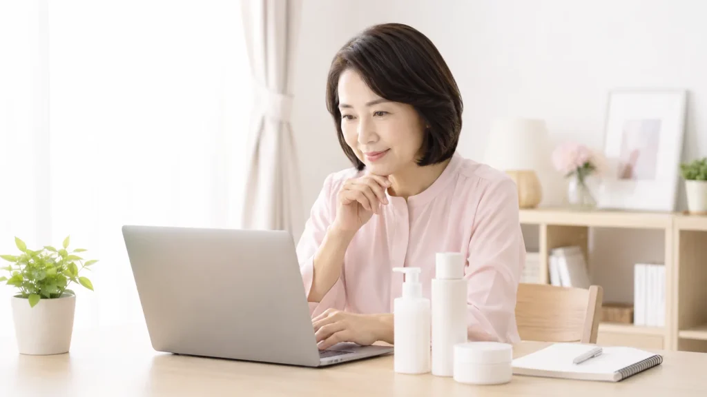 公式サイトでジュランツの販売条件を確認する女性のイメージ