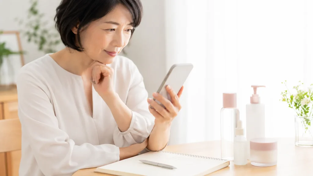 ドクターズコスメの口コミを確認する女性の手元