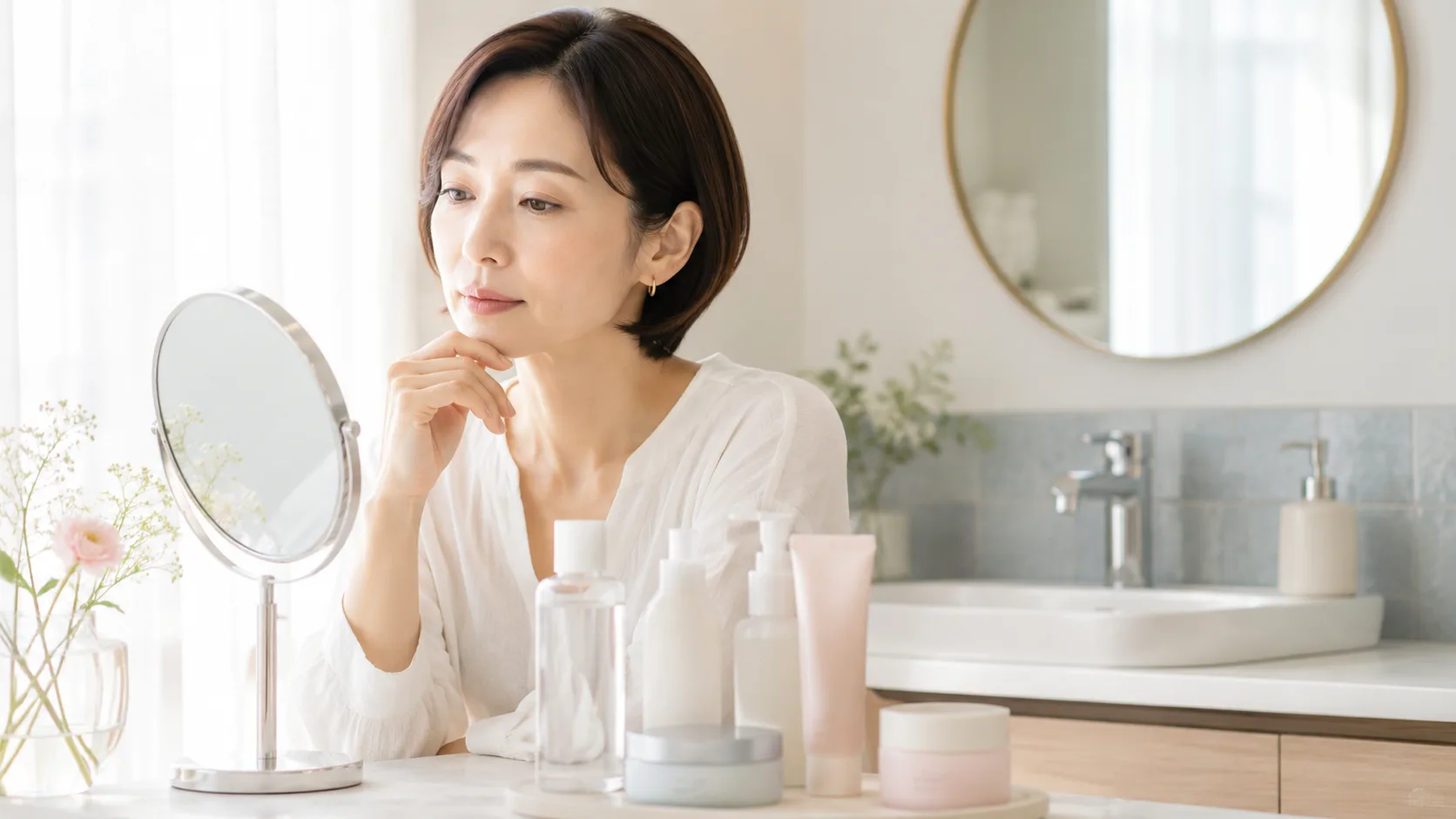 年齢に応じたスキンケアを検討する女性向けの清潔感あるイメージ