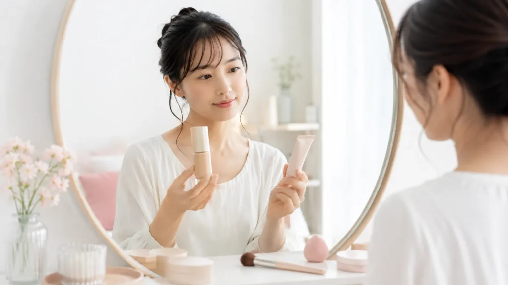 目的別にベースメイク商品を選ぶ女性のイメージ