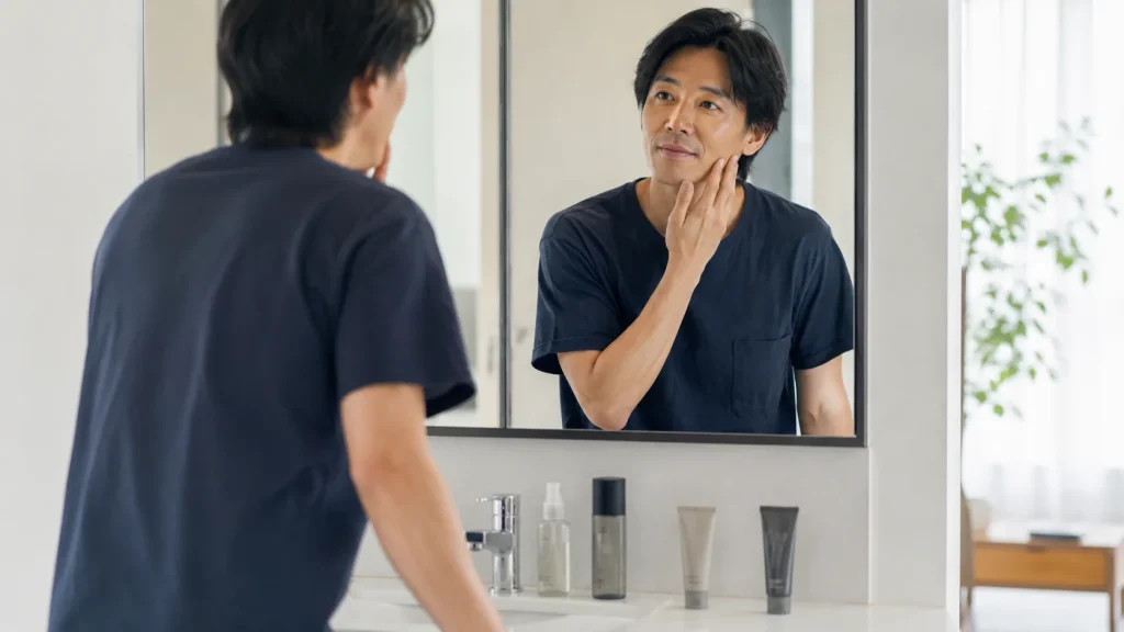 目的別にメンズ美容アイテムを確認する男性のイメージ