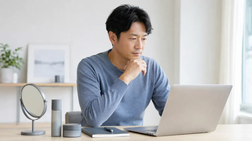 公式サイトでメンズアイキララの販売条件を確認する日本人男性のイメージ