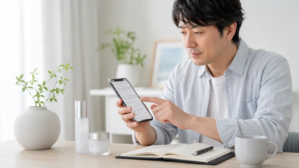 男性向け目元ケア商品の口コミを確認する日本人男性の手元