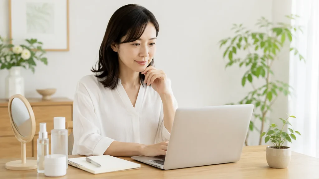 公式サイトでNICOLA organicsの定期コース条件を確認する日本人女性のイメージ