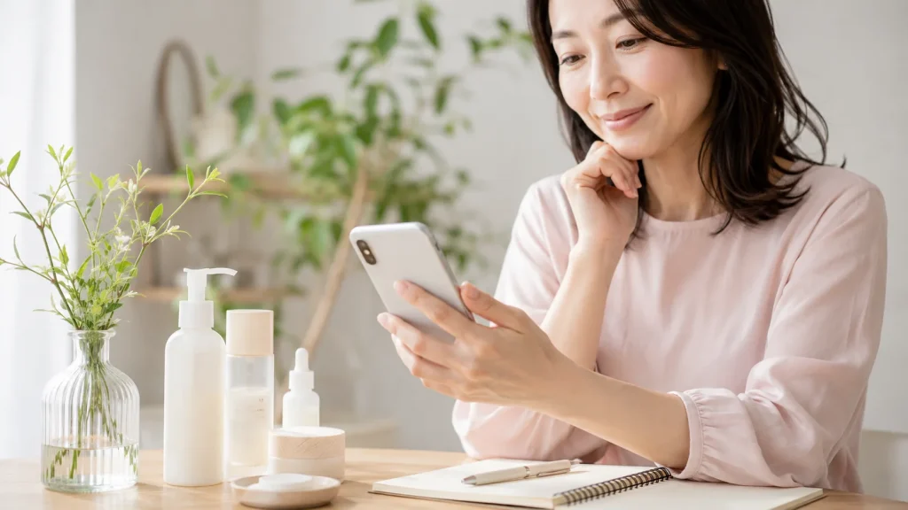 オーガニック系スキンケアの口コミを確認する日本人女性の手元