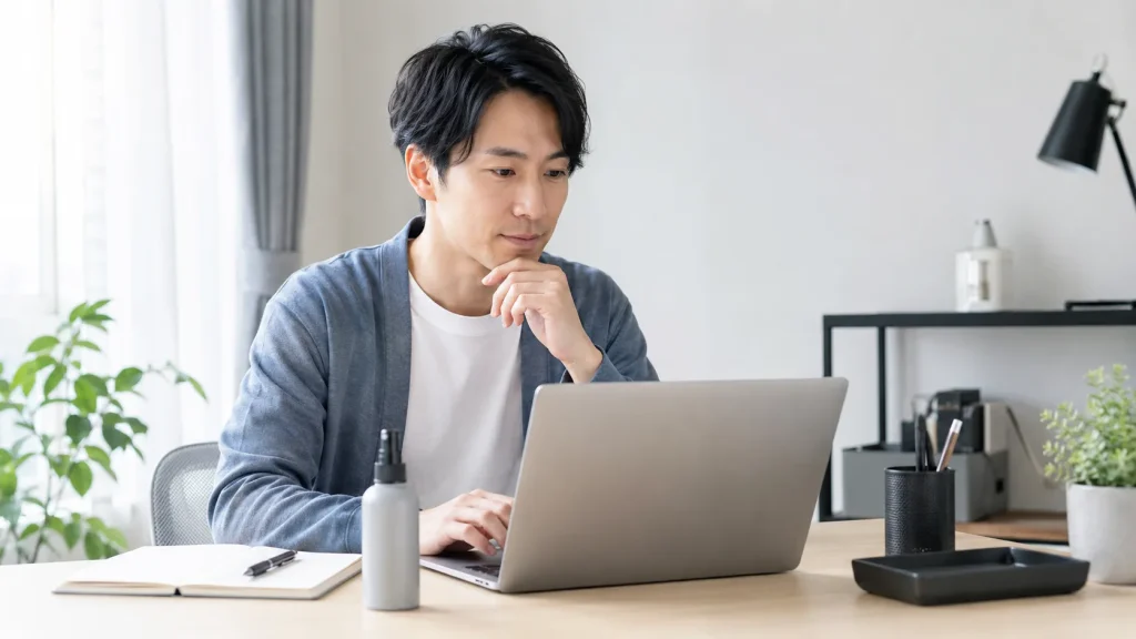 公式サイトでNULL オールインワンミストの販売条件を確認する男性のイメージ