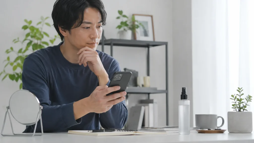 メンズスキンケア商品の口コミを確認する男性の手元