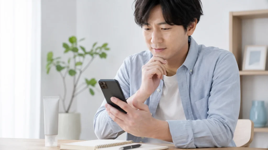 メンズクレンジングの口コミを確認する男性の手元