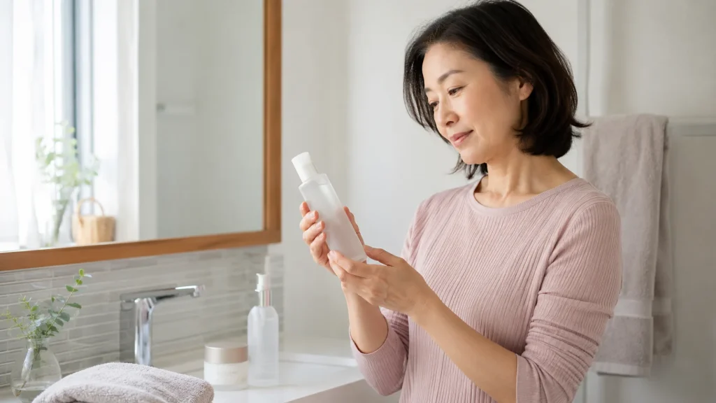 スキンケアの口コミを見る前に使用感を確認する女性のイメージ