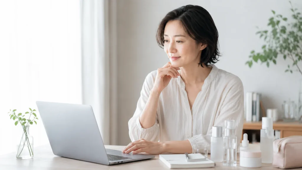 公式サイトでULUの販売条件を確認する日本人女性のイメージ