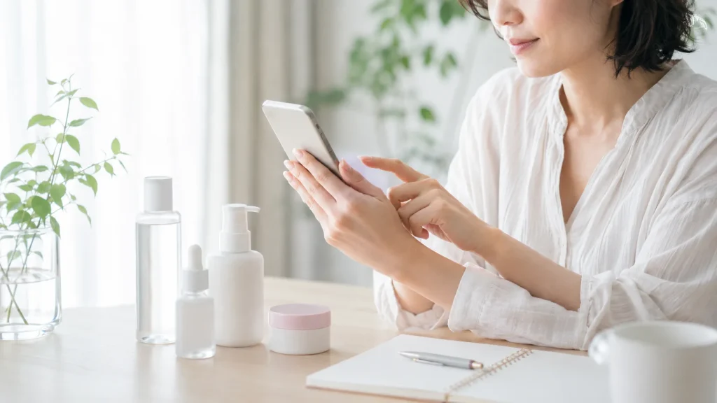スキンケア商品の口コミを確認する日本人女性の手元