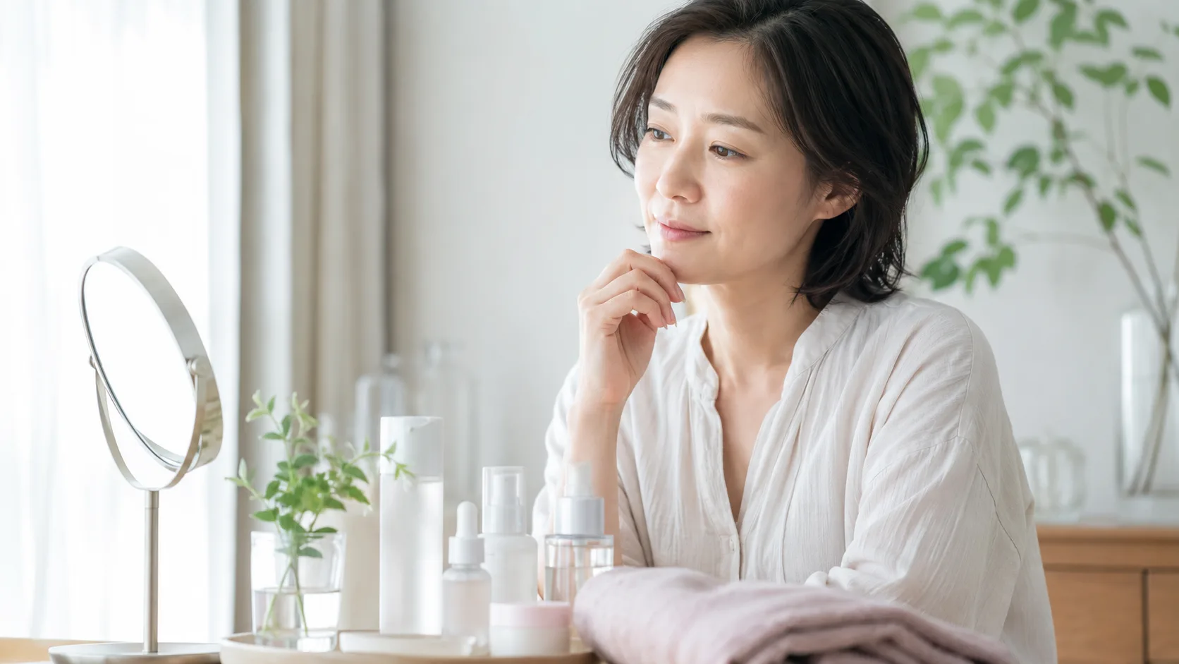 敏感になりやすい肌のスキンケアを検討する日本人女性のイメージ
