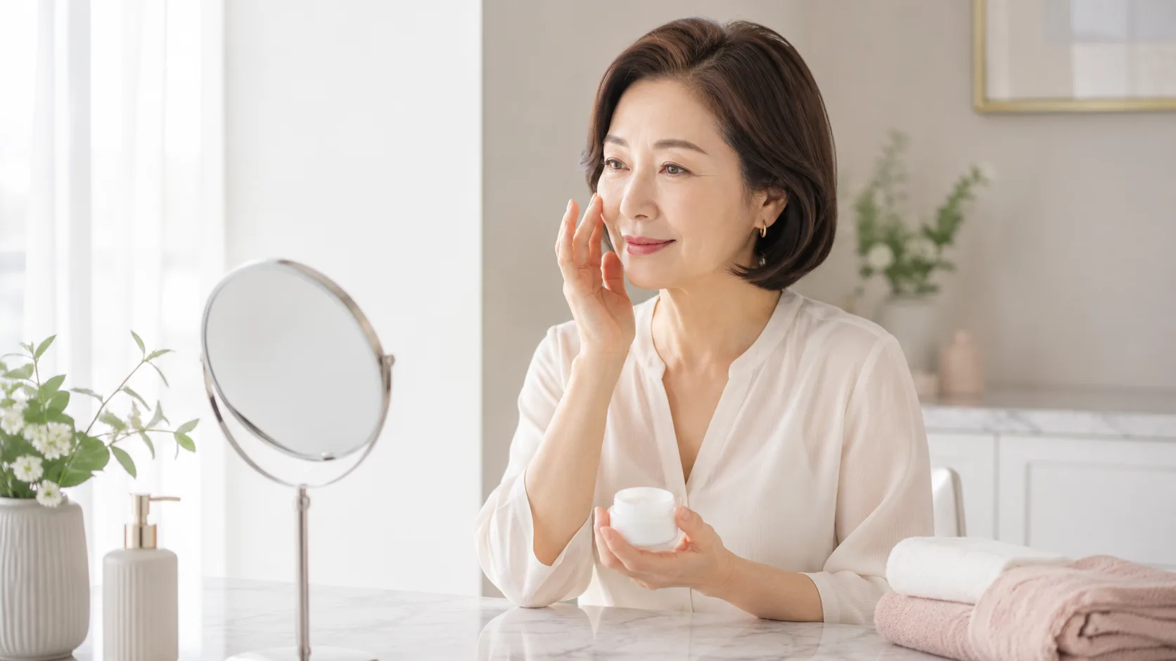 年齢に応じたスキンケアクリームを検討する女性向けの清潔感あるイメージ