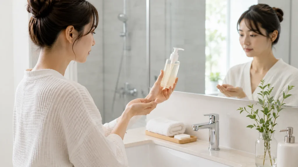 浴室の洗面スペースでリキッドクレンジングを使う準備をする女性