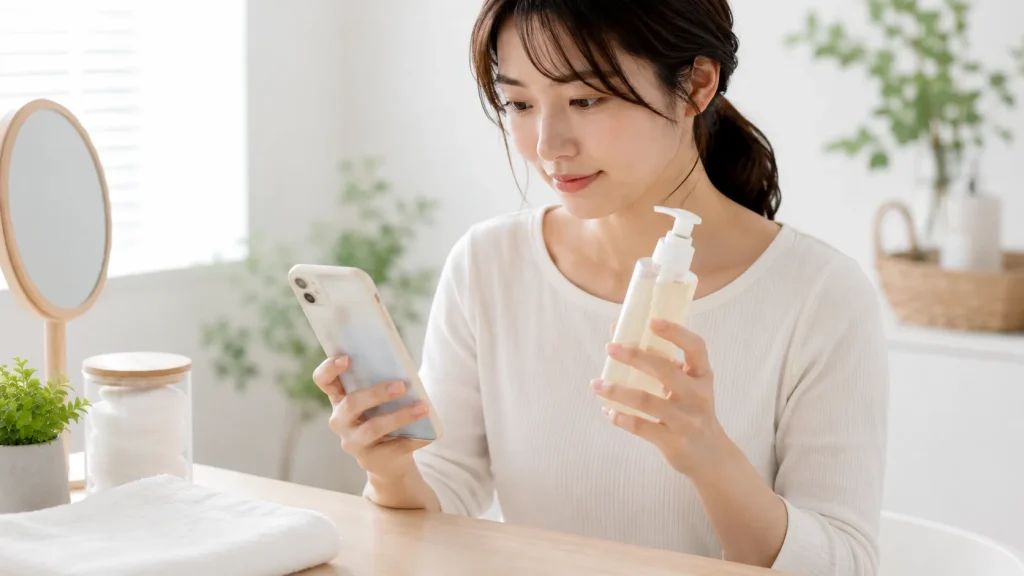 クレンジングを手に口コミや商品情報を確認する女性