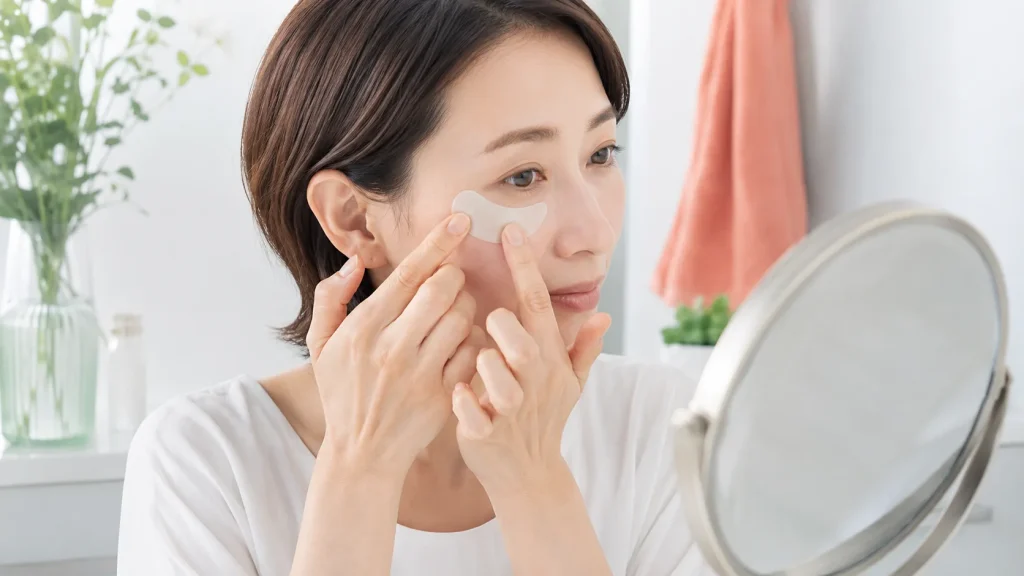 目元に美容用パッチをやさしく貼る女性の使用イメージ