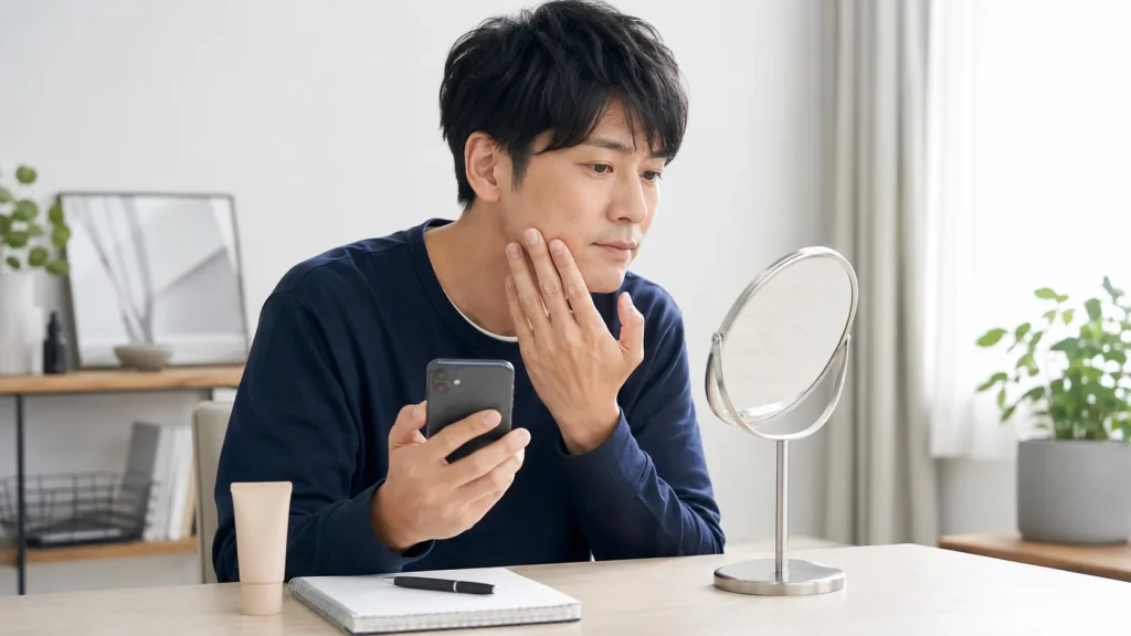メンズBBクリームの口コミや色味をスマートフォンと鏡で確認する男性