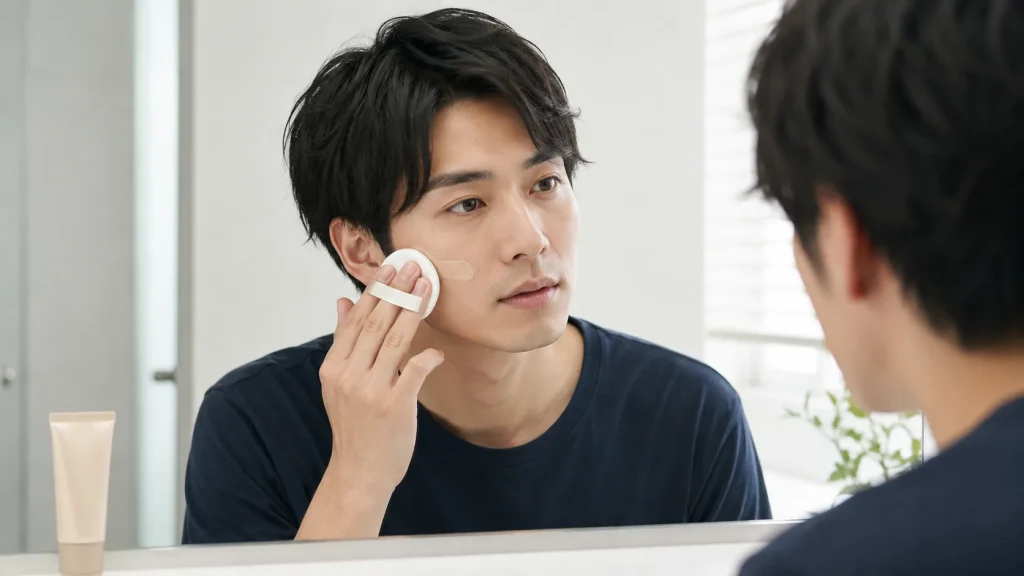 メンズBBクリームをパフで顔へ薄くなじませる男性