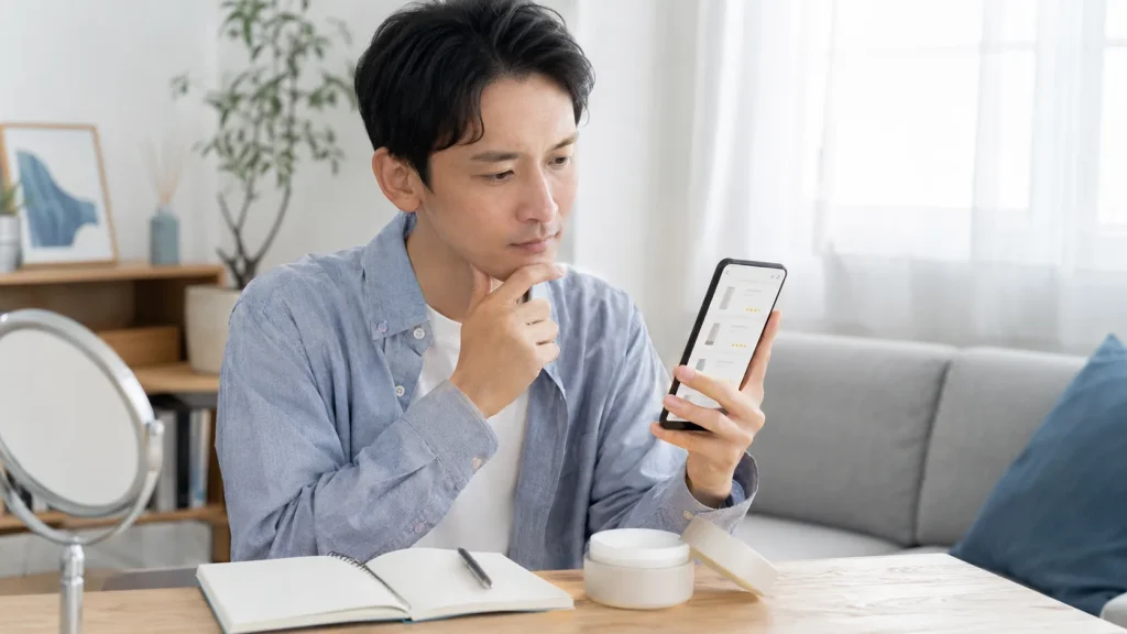 メンズ保湿クリームの口コミや使用感をスマートフォンで確認する男性