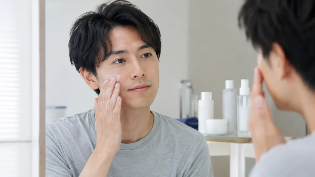 メンズ向け保湿クリームを顔へやさしくなじませる男性
