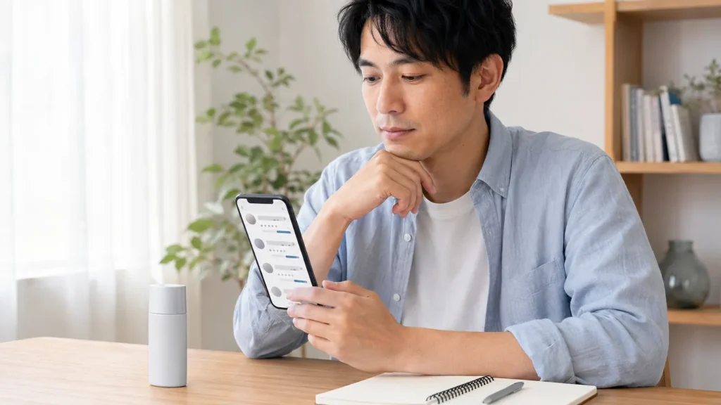 メンズ日焼け止めの口コミや使用感をスマートフォンで確認する男性