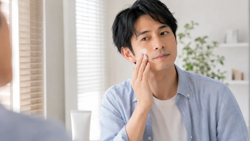 メンズ向け日焼け止めを顔や首元へ丁寧に伸ばす男性