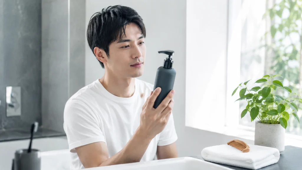 HOLO BELL 3 in 1 保湿シャンプーの使いやすさを確認する男性