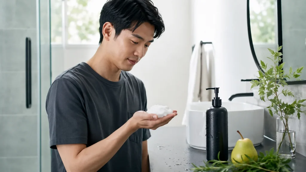 HOLO BELL 3 in 1 保湿シャンプーの泡立ちと香りを確認するイメージ