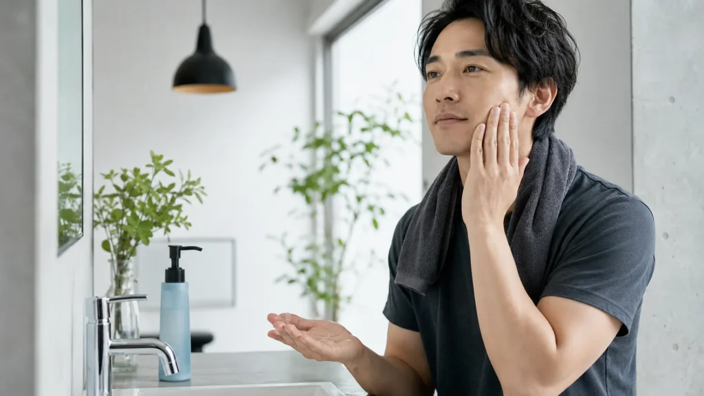 洗顔後にオールインワン保湿ジェルを顔へなじませる男性