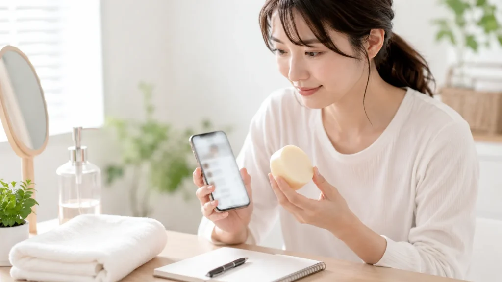 奇跡のオールインワン石鹸の口コミや商品情報を確認する様子