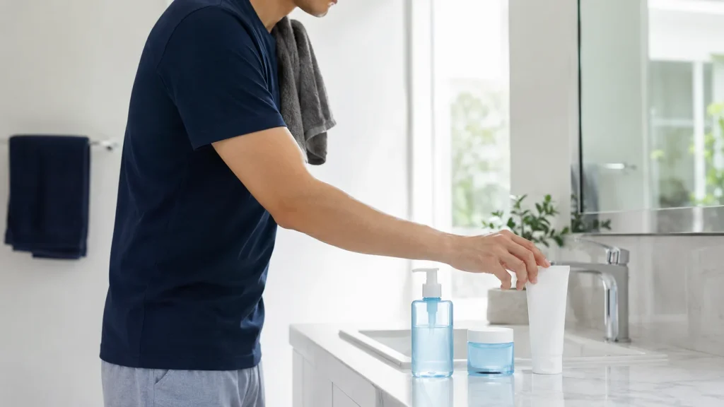 朝の洗面所で男性が洗顔後に保湿と日焼け止めを確認するイメージ