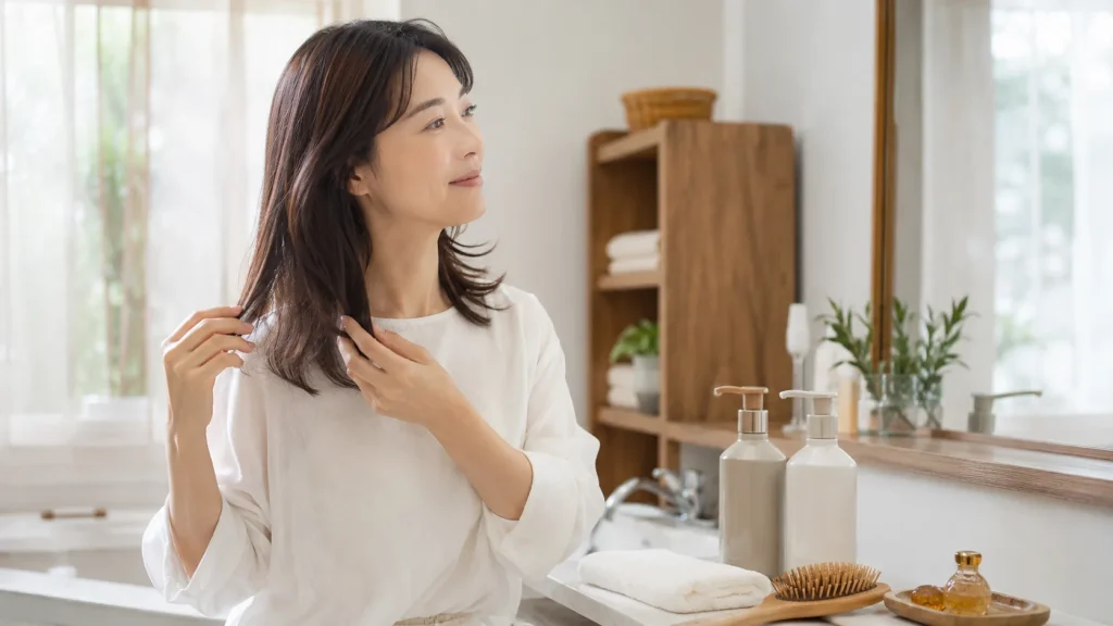 はちみつ系ヘアケアの香りや洗い上がりを確認する女性のイメージ