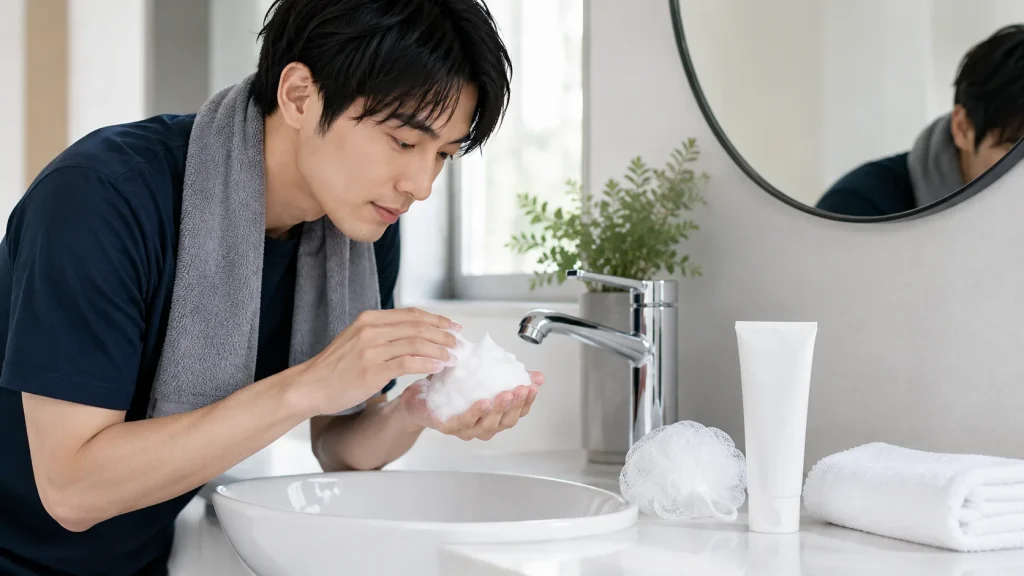 メンズ洗顔料の泡立ちや洗い上がりを確認する男性のイメージ