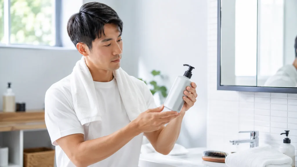男性向け薬用スカルプシャンプーの容量や使いやすさを確認するイメージ