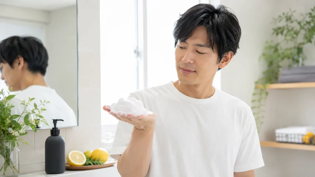 SHIN.薬用ボタニカルスカルプシャンプーの泡立ちと香りを確認するイメージ